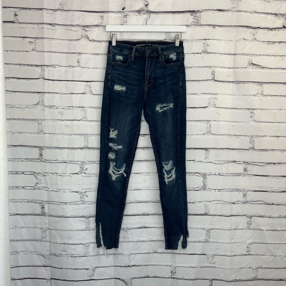 American Eagle Super Hi-Rise Jegging Women’s 4R Distressed Dark Wash Stretch Y2K
